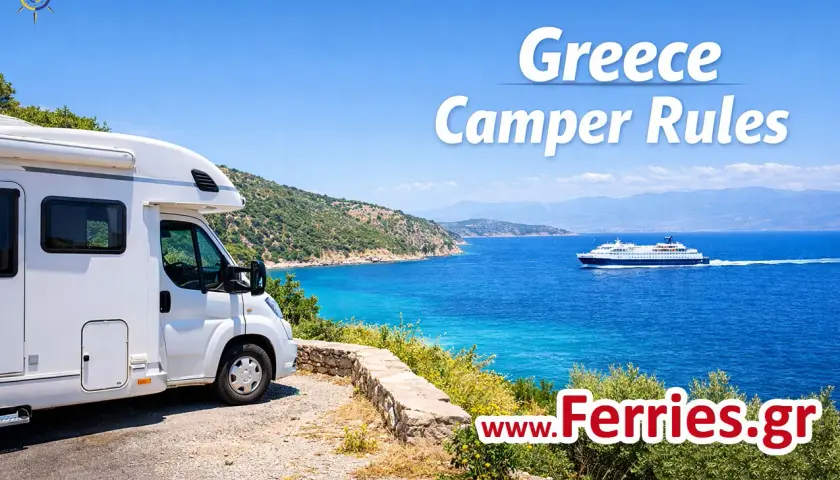Un camping-car blanc stationné au bord d'une mer bleue éclatante, avec un ferry en arrière-plan. L'aventure de la Grèce en camping-car commence ici.