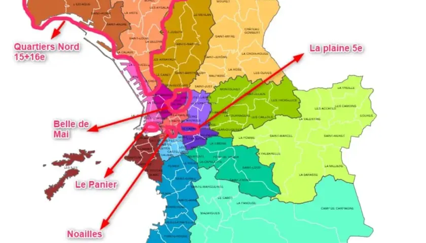 Carte des quartiers de Marseille. Idéal pour savoir que faire autour de Marseille, du Panier à la Plaine 5e, en passant par les Quartiers Nord.