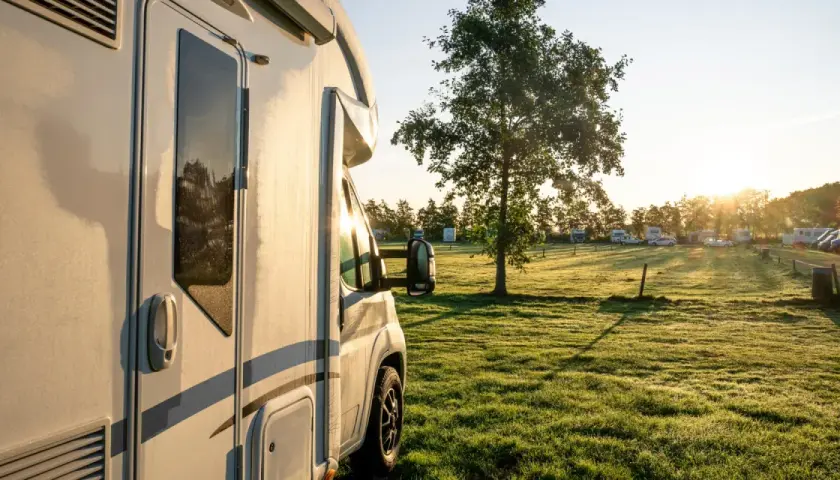 Un camping-car est garé dans une aire de camping-car, avec d'autres véhicules et un arbre au soleil levant.