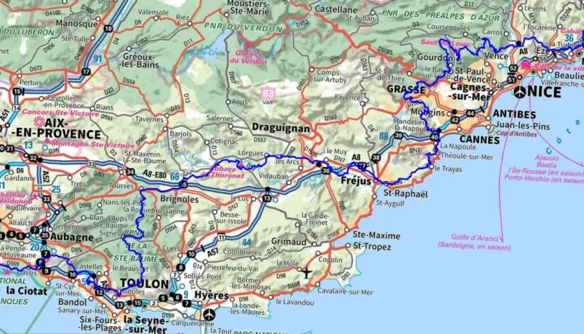 Carte de la région PACA, avec les routes et villes principales comme Aix-en-Provence, Nice, Cannes, Toulon. La gr 51 est visible.