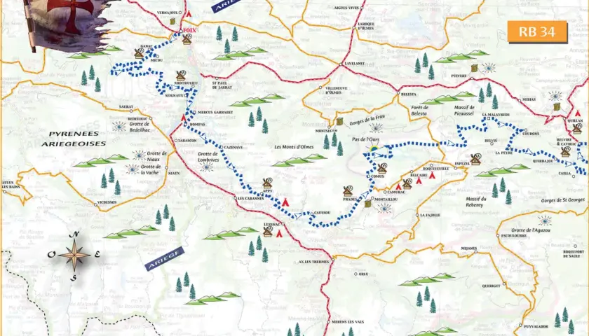 Carte des Pyrénées ariégeoises et des châteaux cathares, avec un drapeau historique et des sentiers de randonnée.