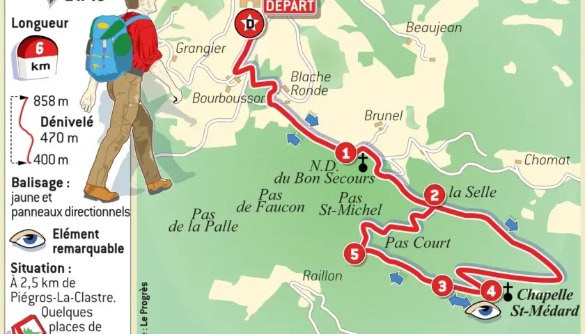 Carte d'une randonnée de 6 km près de Piégros, menant à la Chapelle Saint-Médard. Durée estimée 2h40.