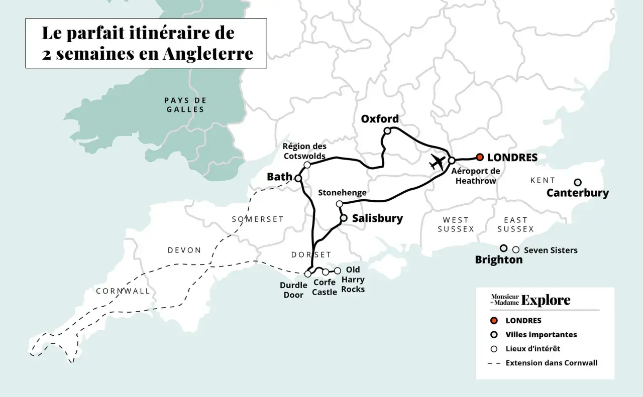 Carte d'un road trip en Angleterre, incluant Londres, Oxford, Bath, Stonehenge, Salisbury, et une extension en Cornouailles.