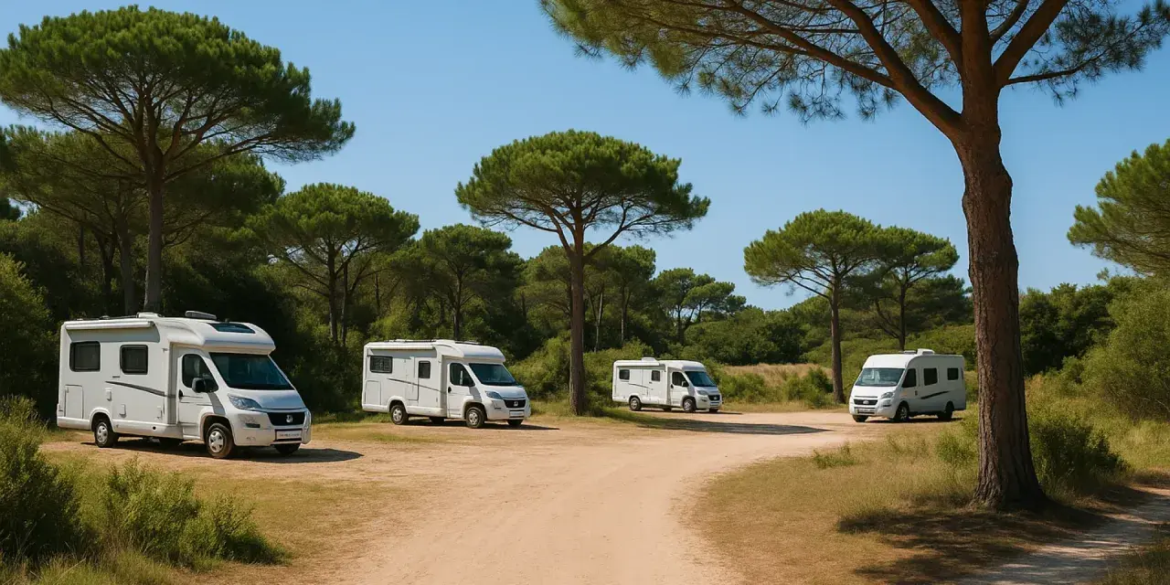 Plusieurs camping-cars blancs stationnés sur une aire de repos ombragée par des pins, un cadre idéal pour une aire camping car ile de ré.