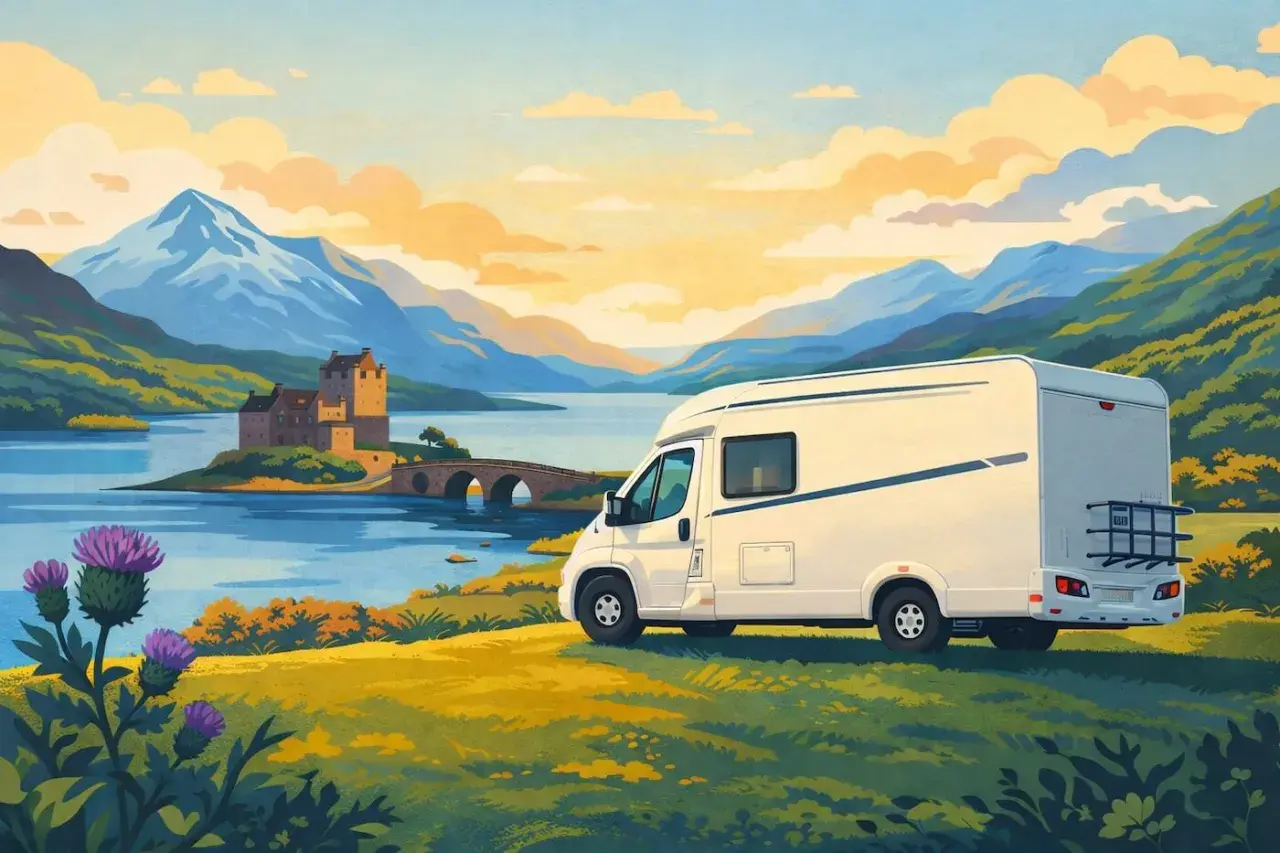 Un camping-car blanc stationné près d'un lac écossais, avec un château et des montagnes en arrière-plan.