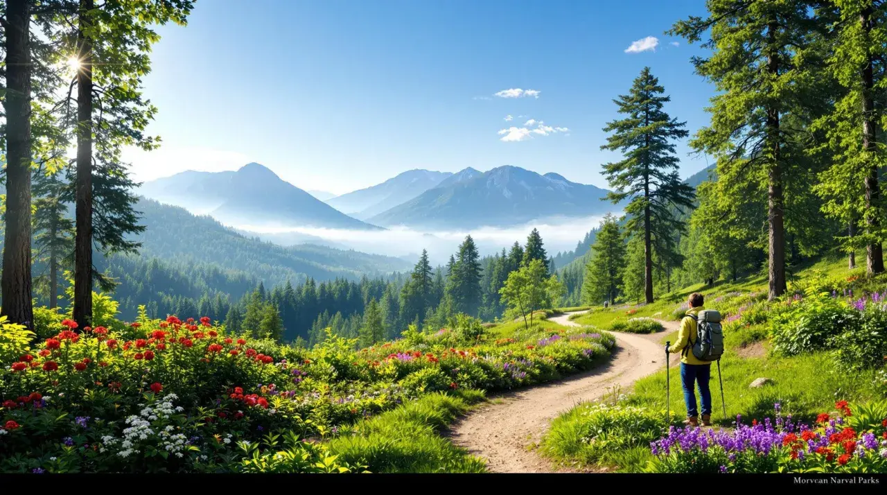 Un randonneur profite d'une vue panoramique sur les montagnes embrumées, un chemin sinueux bordé de fleurs sauvages et d'arbres verts. Une belle journée de morvan randonnée.