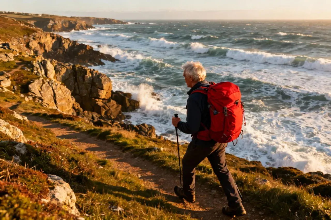 Un homme avec un sac à dos rouge profite d'une randonnée boucle 4 jours facile le long d'une côte rocheuse battue par les vagues.
