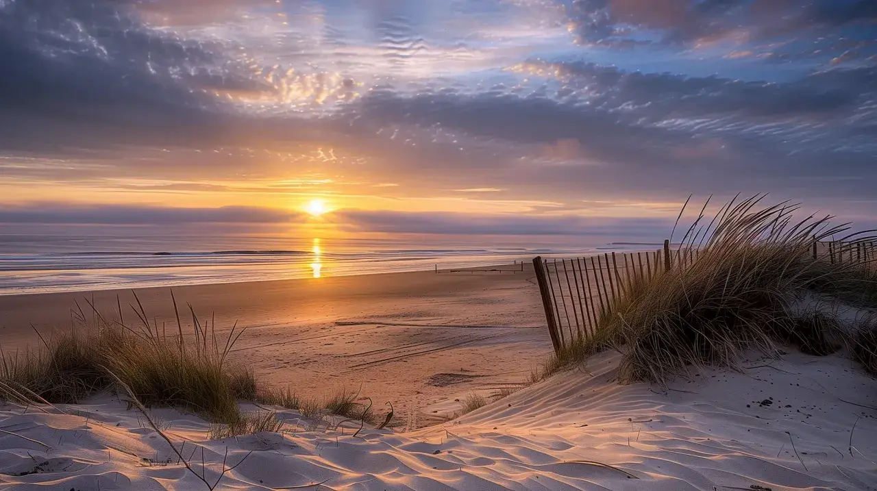 Coucher de soleil sur la plage de l'Île d'Oléron, avec des dunes de sable, des herbes folles et un ciel aux couleurs chaudes.