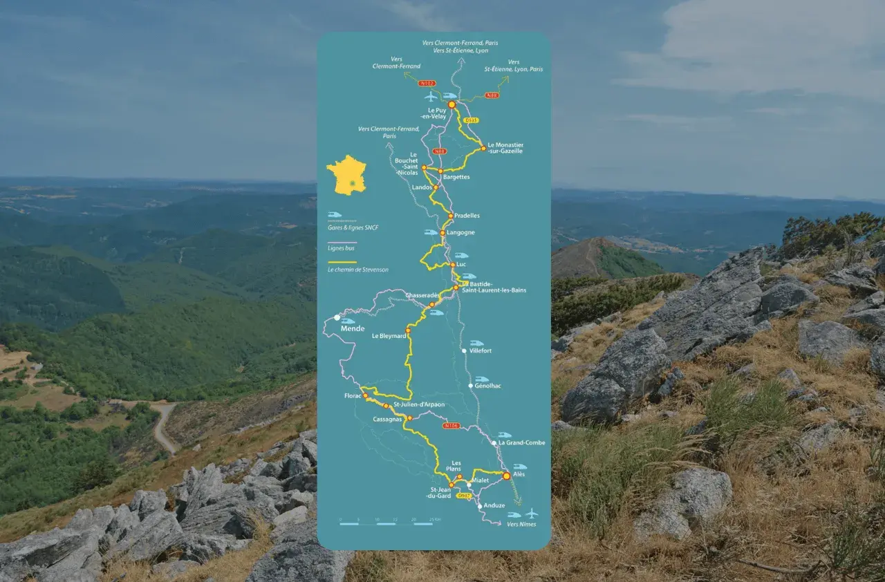 Carte du chemin de Stevenson, un itinéraire de randonnée de 4 jours à travers la France, avec les gares et lignes de bus.