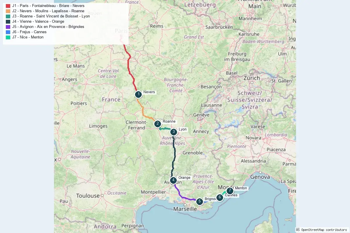 Carte de la route Napoléon, de Paris à Menton, traversant la France avec des étapes numérotées.