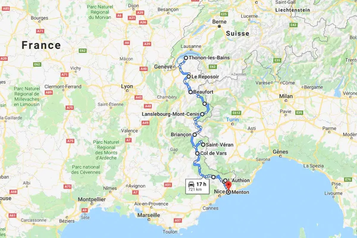 Carte de la route des Grandes Alpes en voiture, de Thonon-les-Bains à Menton, traversant la Suisse et l'Italie. 721 km, 17h de trajet.