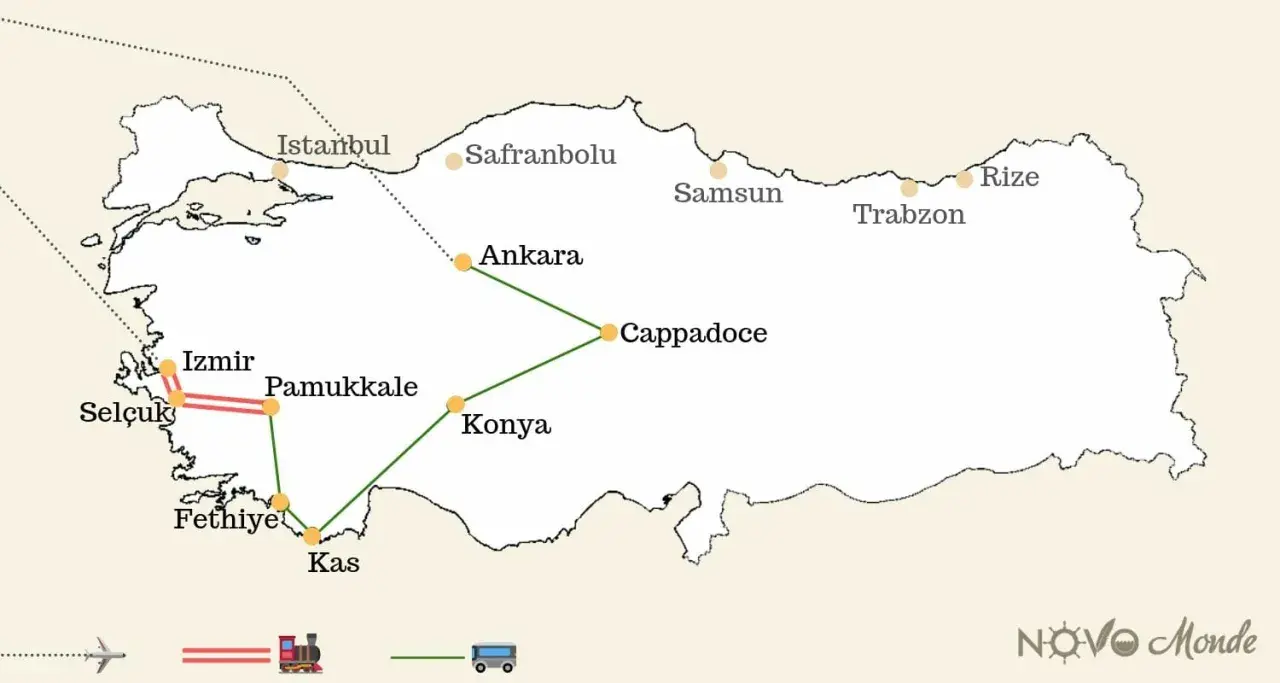 Carte des destinations clés pour le tourisme en Turquie : Istanbul, Cappadoce, Pamukkale, et la côte. Idéal pour planifier votre voyage.