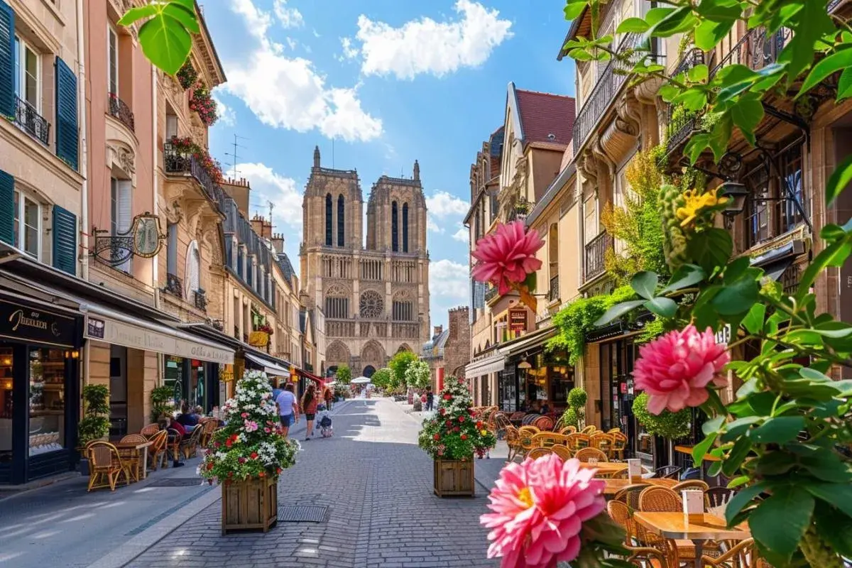 Rue animée de Laon, menant à la cathédrale. Tables de café fleuries, ambiance estivale.
