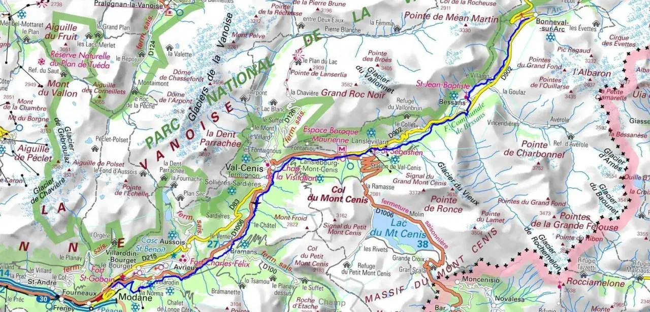 Carte IGN de la Maurienne, montrant le parcours de l'étape GR5, avec des cols, glaciers et sommets.