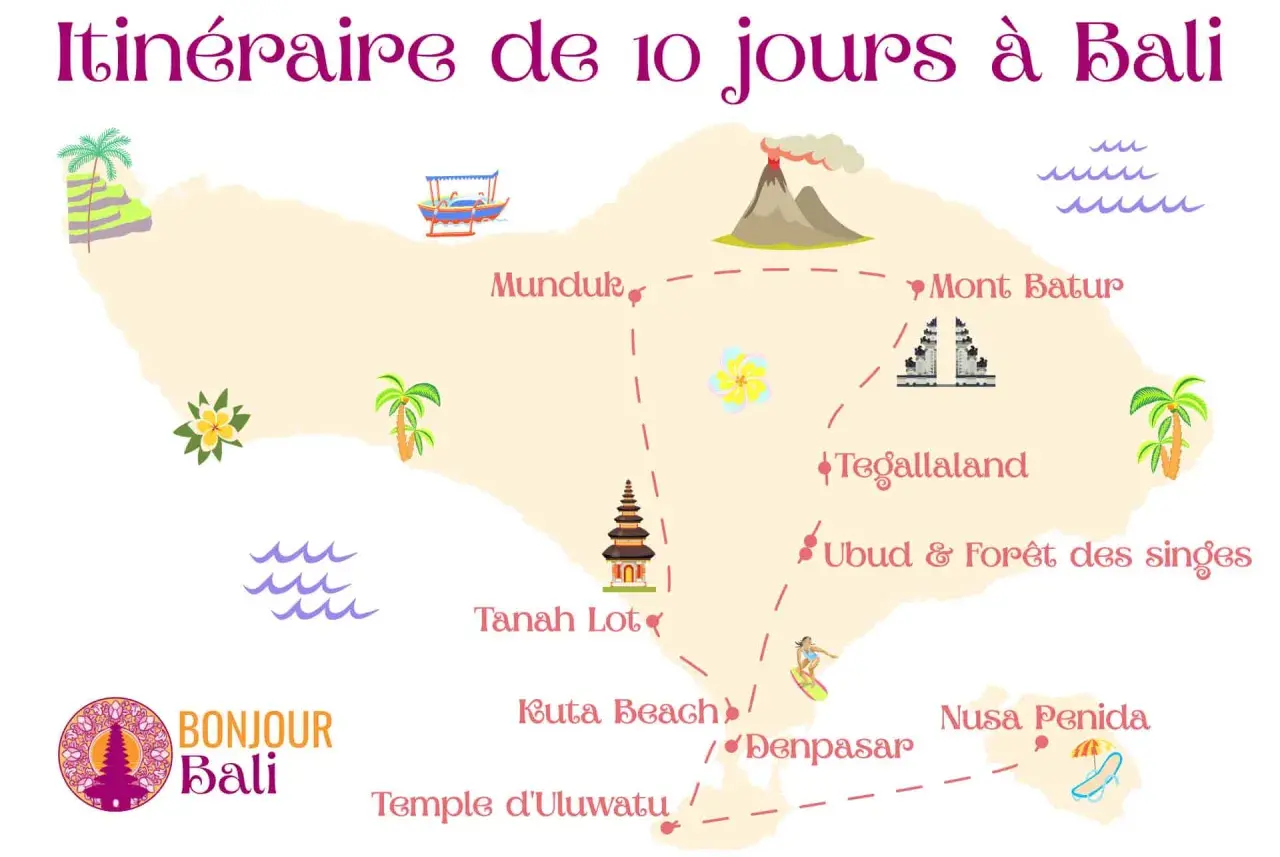 Carte de Bali indiquant les lieux à visiter : Mont Batur, Ubud, Kuta Beach, Tanah Lot. Idéal pour savoir que faire à Bali.