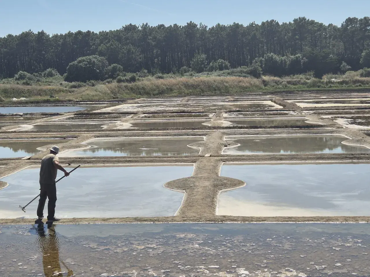 Un salinier travaille dans les marais salants de La Turballe, un paysage typique pour une randonnée.