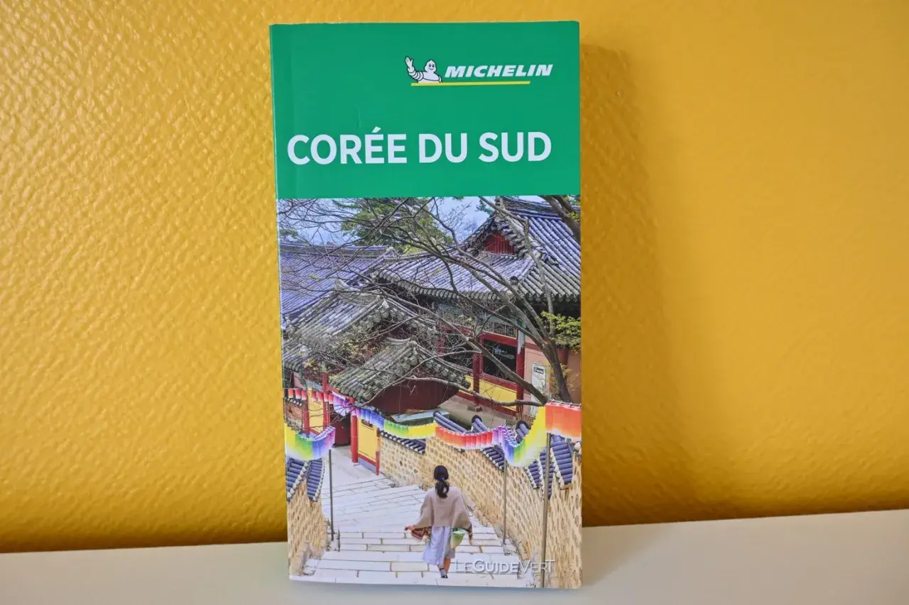 Guide Michelin "Corée du Sud" pour le voyageur en camping-car. Une jeune femme monte un escalier bordé de lanternes colorées.