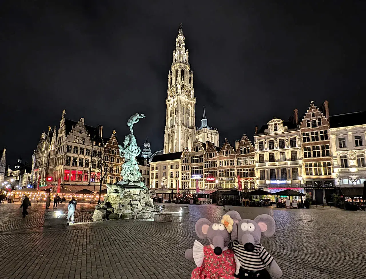 Deux souris en peluche posent devant la cathédrale d'Anvers illuminée la nuit, un moment parfait pour visiter Anvers.