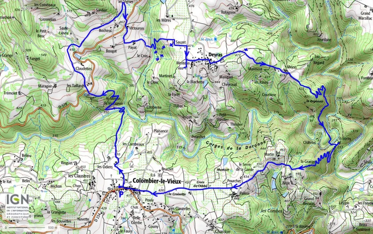 Carte d'une randonnée à travers les Gorges de la Daronne, avec un sentier bleu serpentant entre villages et reliefs.