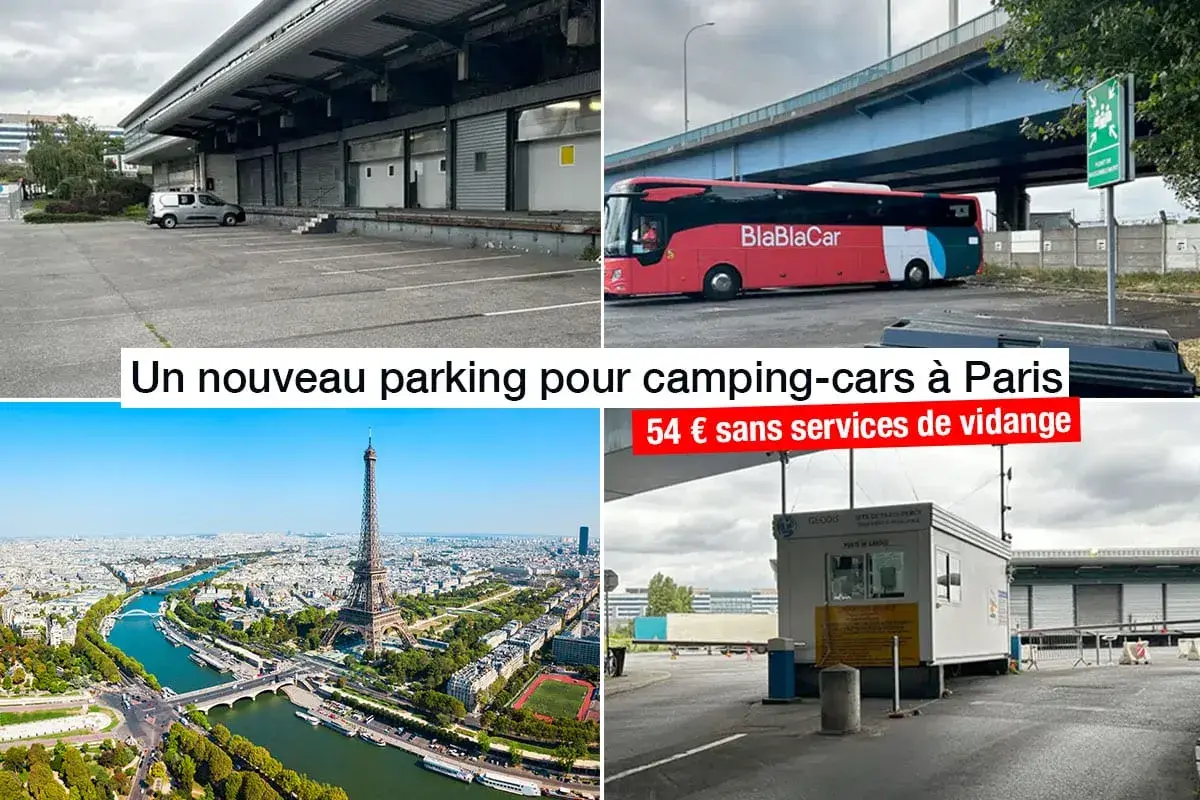 Nouveau parking pour camping-cars à Paris, vue aérienne de la Tour Eiffel. 54€ sans services de vidange.