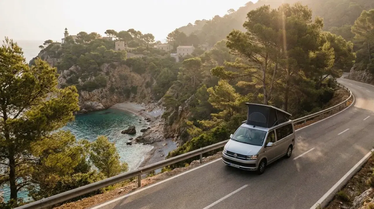 Un camping-car explore les routes sinueuses de la Costa Brava, offrant une vue imprenable sur une crique isolée et un phare au loin.