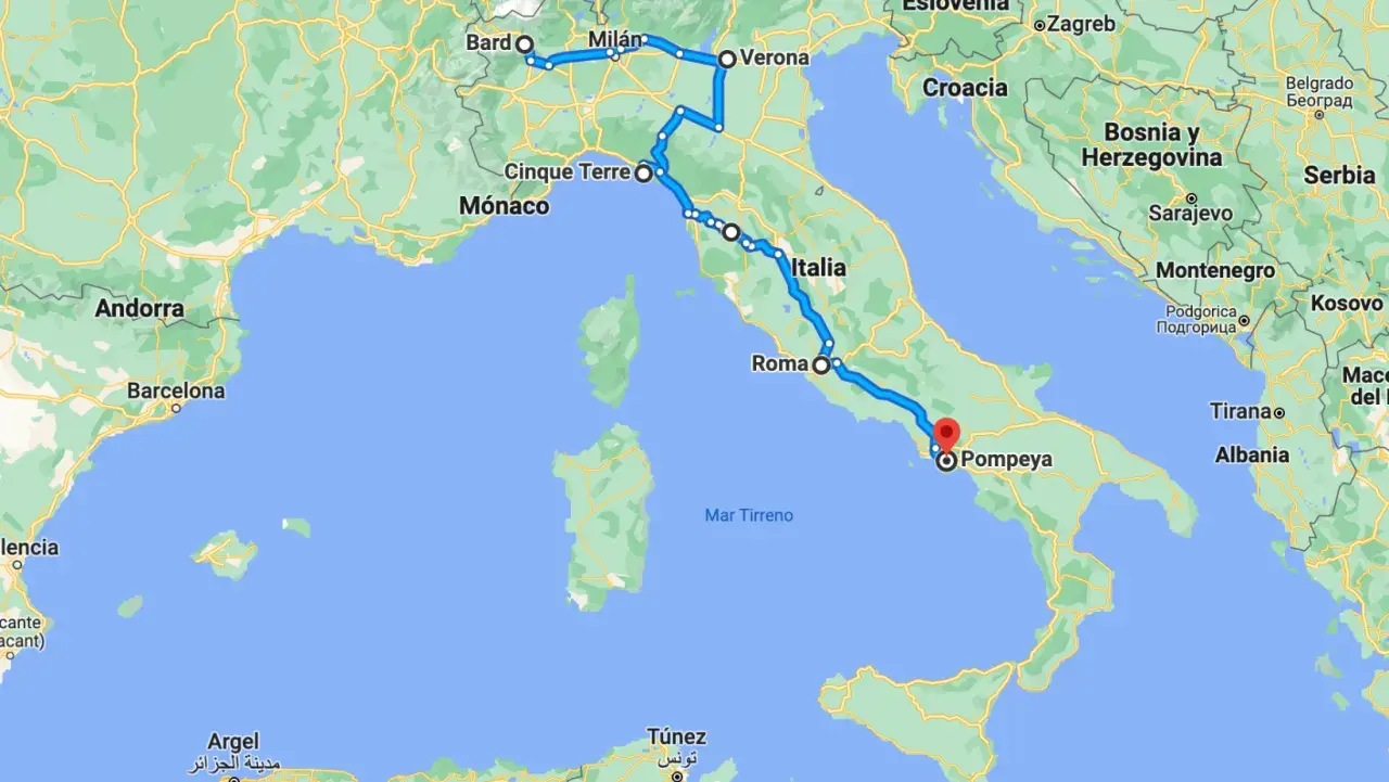 Carte d'un circuit camping-car en Italie du Nord, passant par Bard, Milan, Vérone, Cinque Terre, Rome et Pompéi.