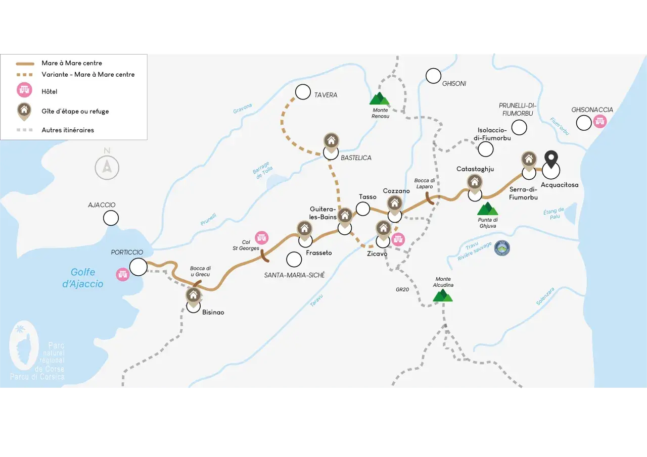 Carte du sentier Mare à Mare centre en Corse, reliant Ajaccio à Ghisonaccia, avec des gîtes et hôtels.