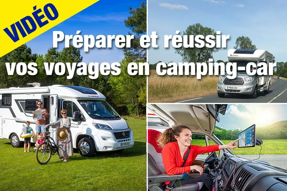 Une famille prépare son voyage en camping-car. Une femme utilise le GPS dans le véhicule.