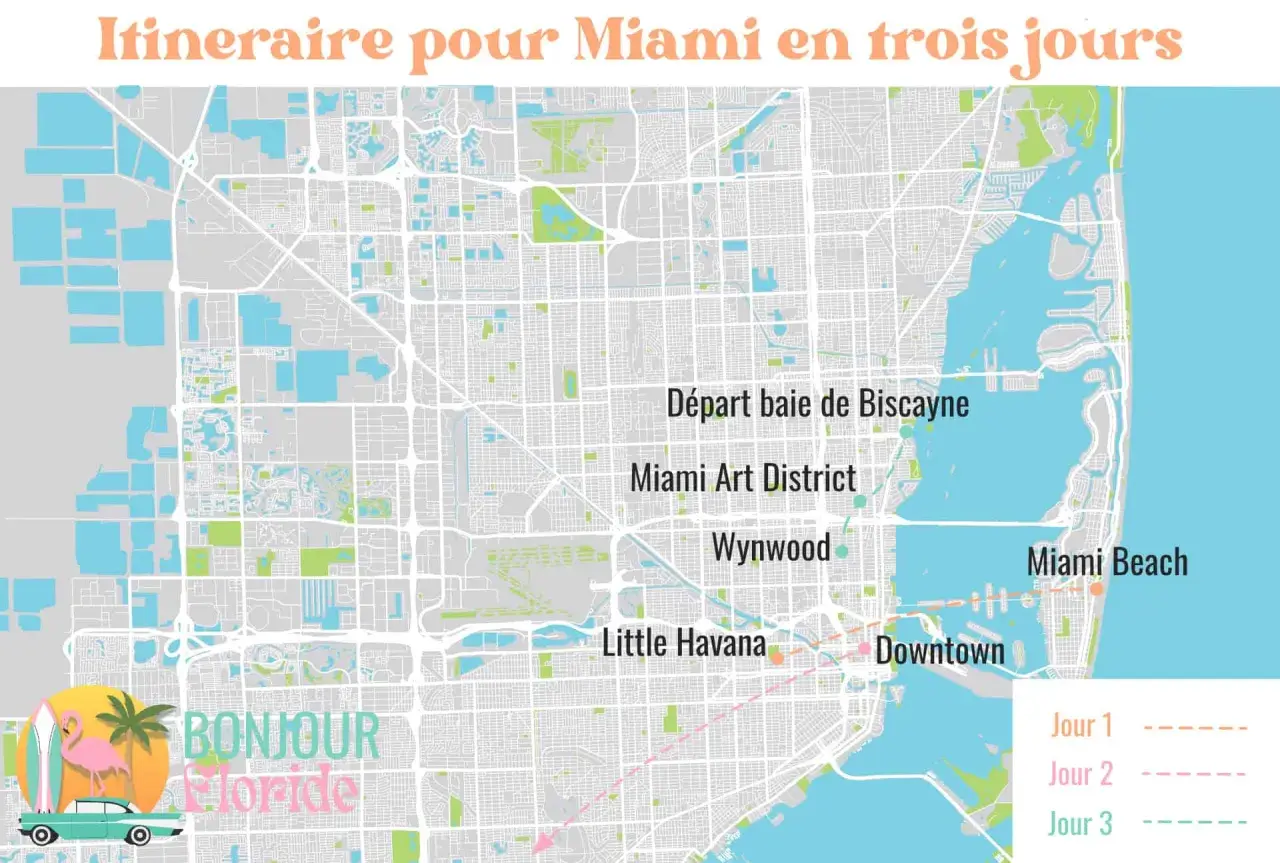 Carte d'itinéraire pour Miami en 3 jours : départ de la baie de Biscayne, visite du Miami Art District, Wynwood, Little Havana, Downtown et Miami Beach. Idéal pour savoir que faire à Miami.
