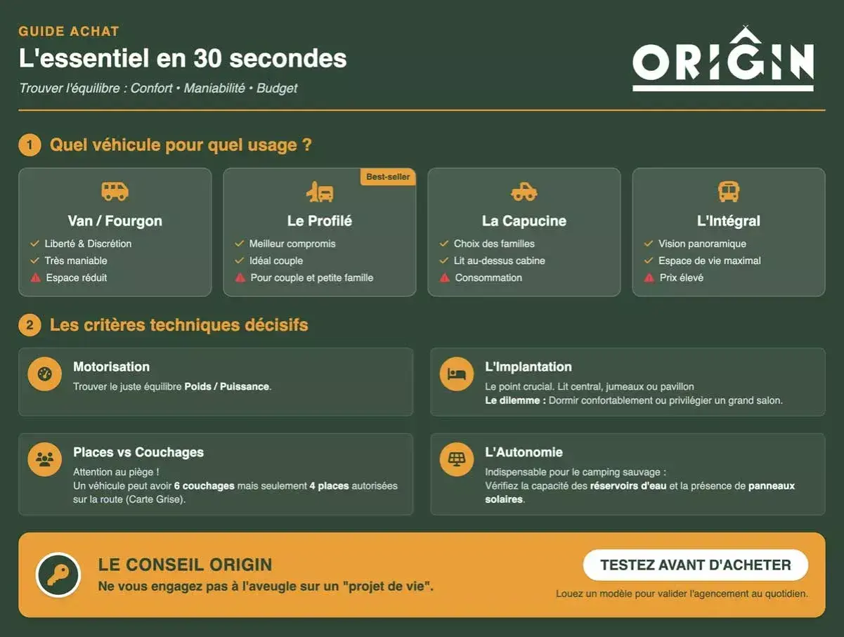 Guide d'achat pour choisir son camping-car baroudeur : Van, Profilé, Capucine ou Intégral. Critères : motorisation, places, implantation, autonomie.