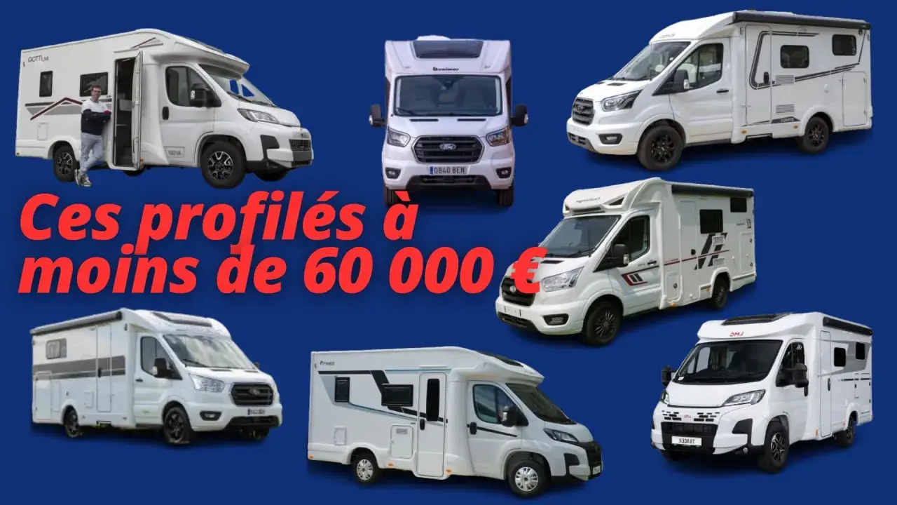 Aperçu du marché du camping-car : plusieurs profilés blancs, certains avec des hommes, sont présentés. Idéal pour trouver votre prochaine aventure !