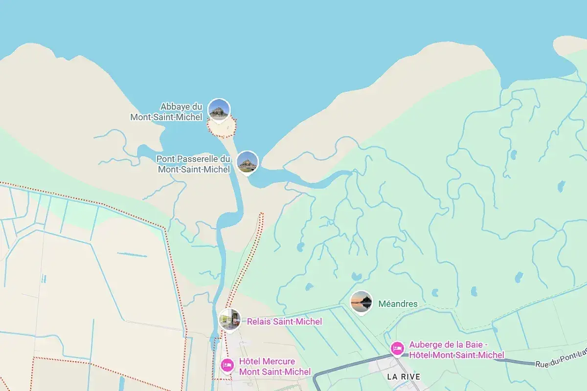 Carte de la région de Dinard et du Mont Saint-Michel, montrant l'abbaye, la passerelle, des hôtels et des méandres.