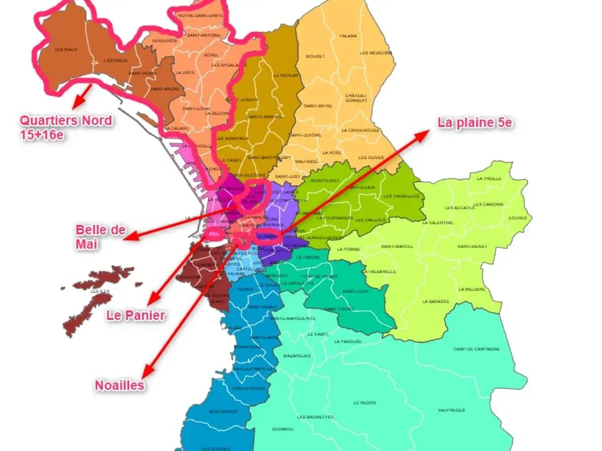 Carte des quartiers de Marseille. Idéal pour savoir que faire autour de Marseille, du Panier à la Plaine 5e, en passant par les Quartiers Nord.