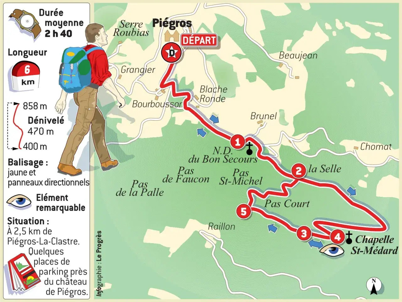 Carte d'une randonnée de 6 km près de Piégros, menant à la Chapelle Saint-Médard. Durée estimée 2h40.