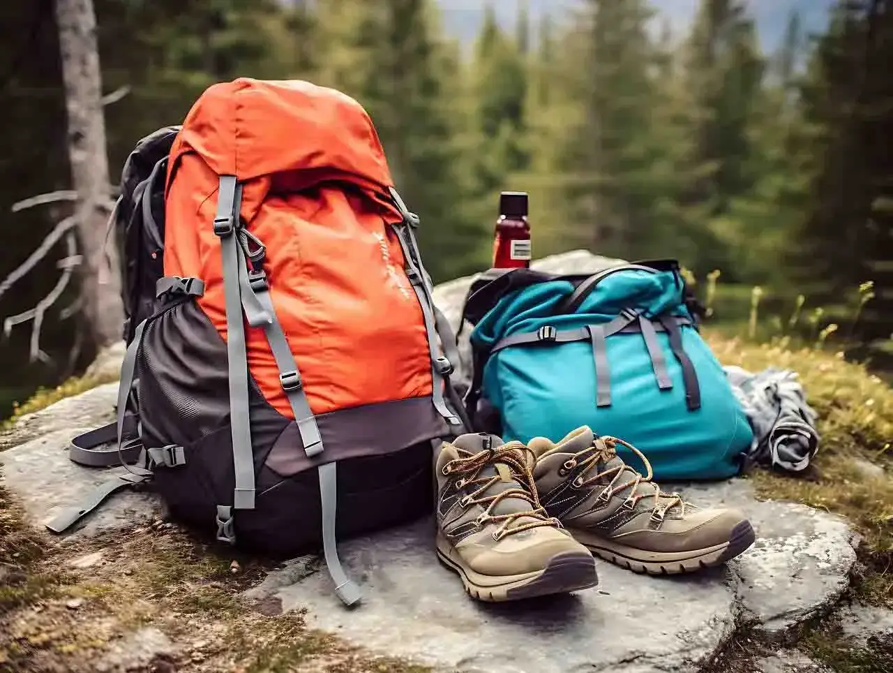Sac &agrave; dos orange et bleu, chaussures de randonn&eacute;e et flacon sur un rocher. Pr&ecirc;t pour dormir en refuge dans la nature.