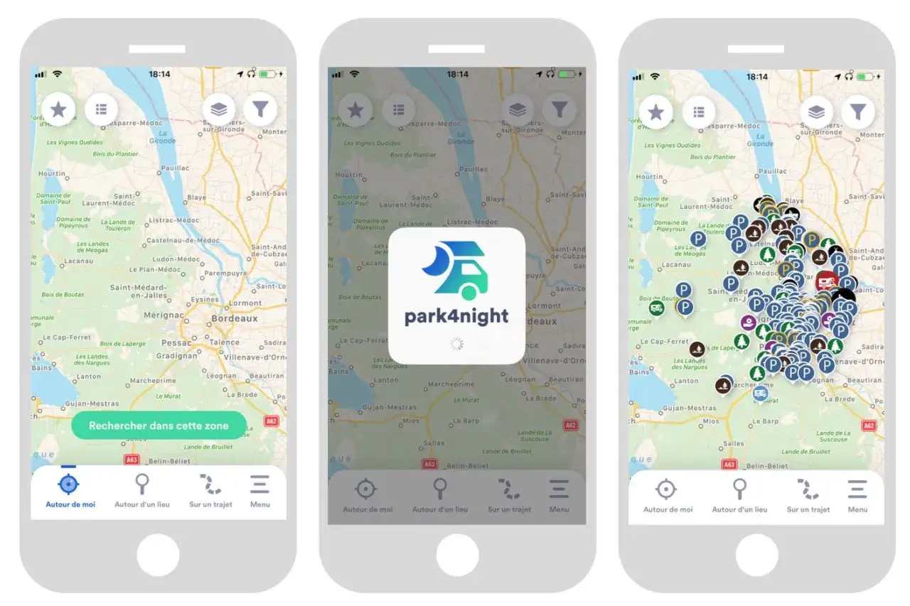 Trois écrans de smartphone affichant la carte de la région de Bordeaux avec des icônes de stationnement. L'application park4night ou caramaps aide à trouver des lieux pour les camping-cars.