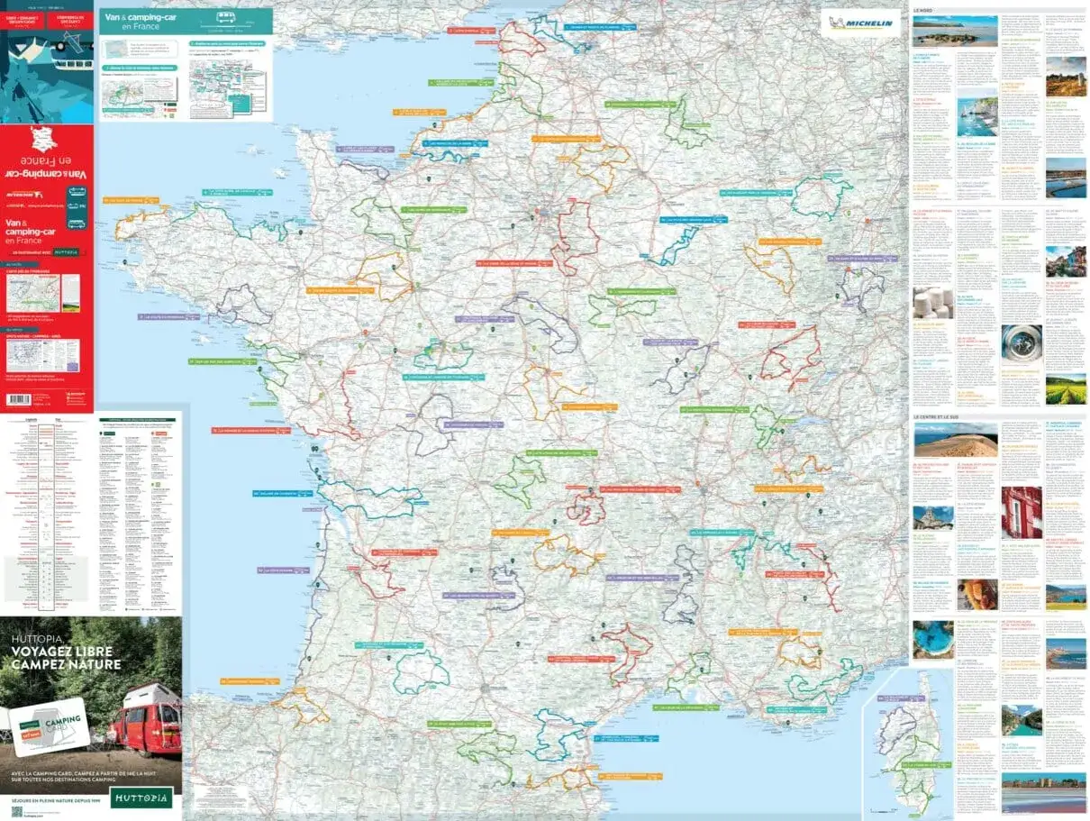 Carte Michelin des itinéraires en France pour un circuit camping-car, avec des suggestions de parcours colorés et des informations touristiques.