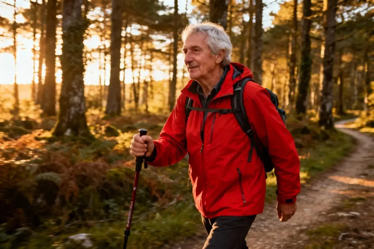 Un p&egrave;lerin souriant, b&acirc;ton p&egrave;lerin Compostelle en main, marche sur un sentier forestier baign&eacute; de soleil.