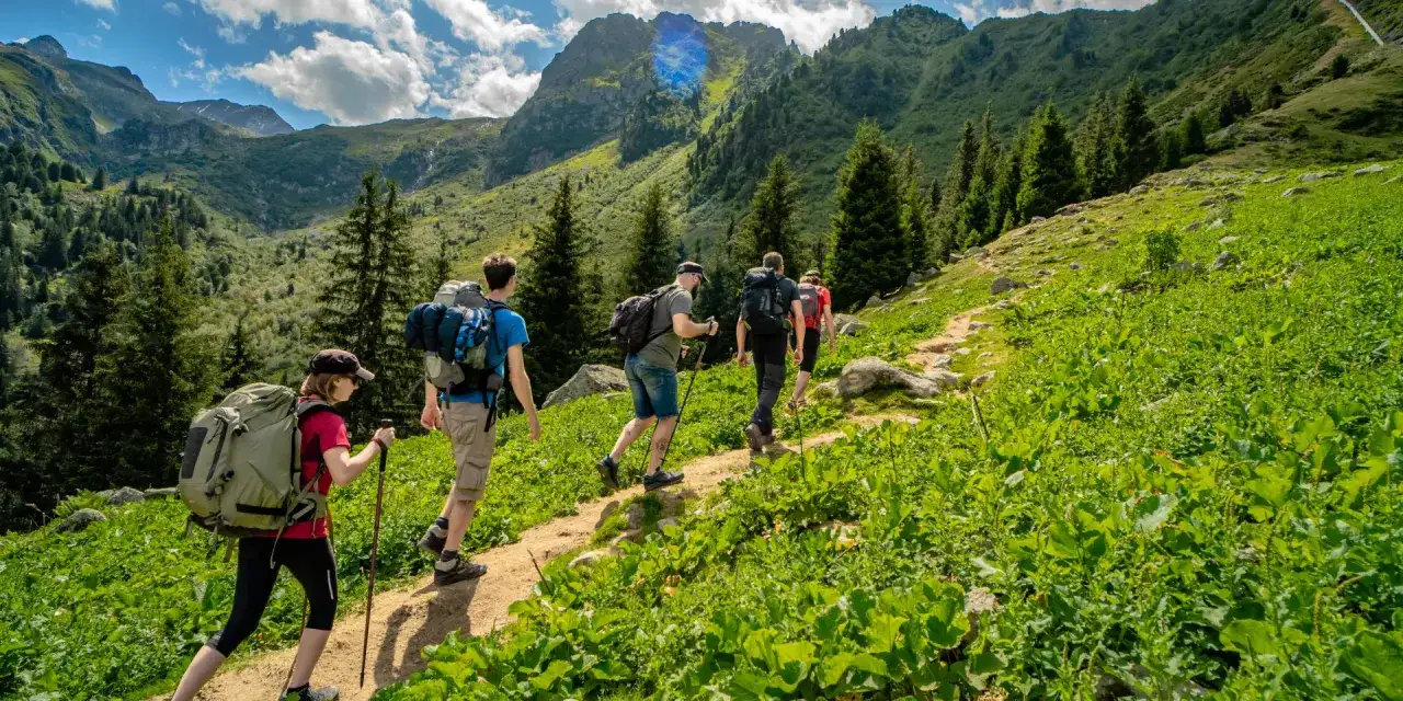 Groupe de randonneurs sur un sentier de montagne verdoyant, profitant d'une belle journée pour leur randonnée montagne.