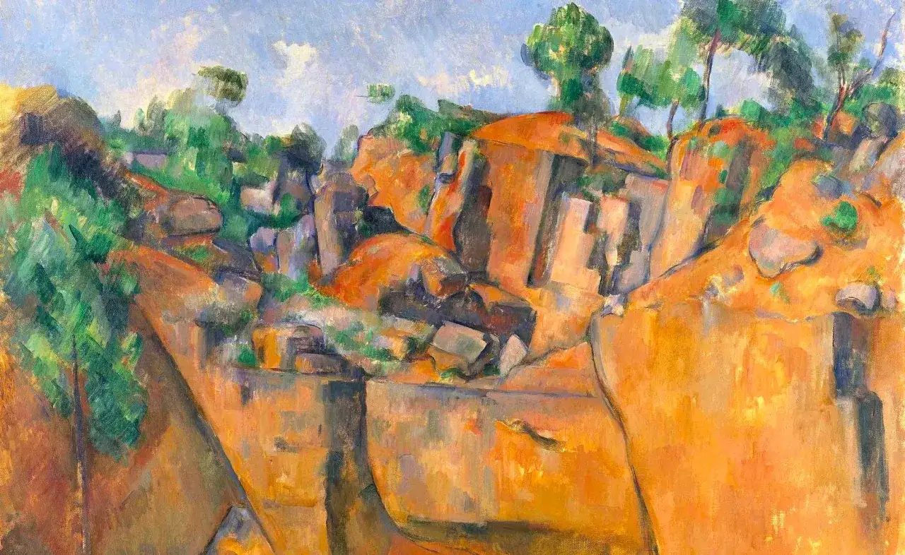 Peinture du plateau de Bibémus, avec ses rochers ocre et ses arbres verts sous un ciel bleu.