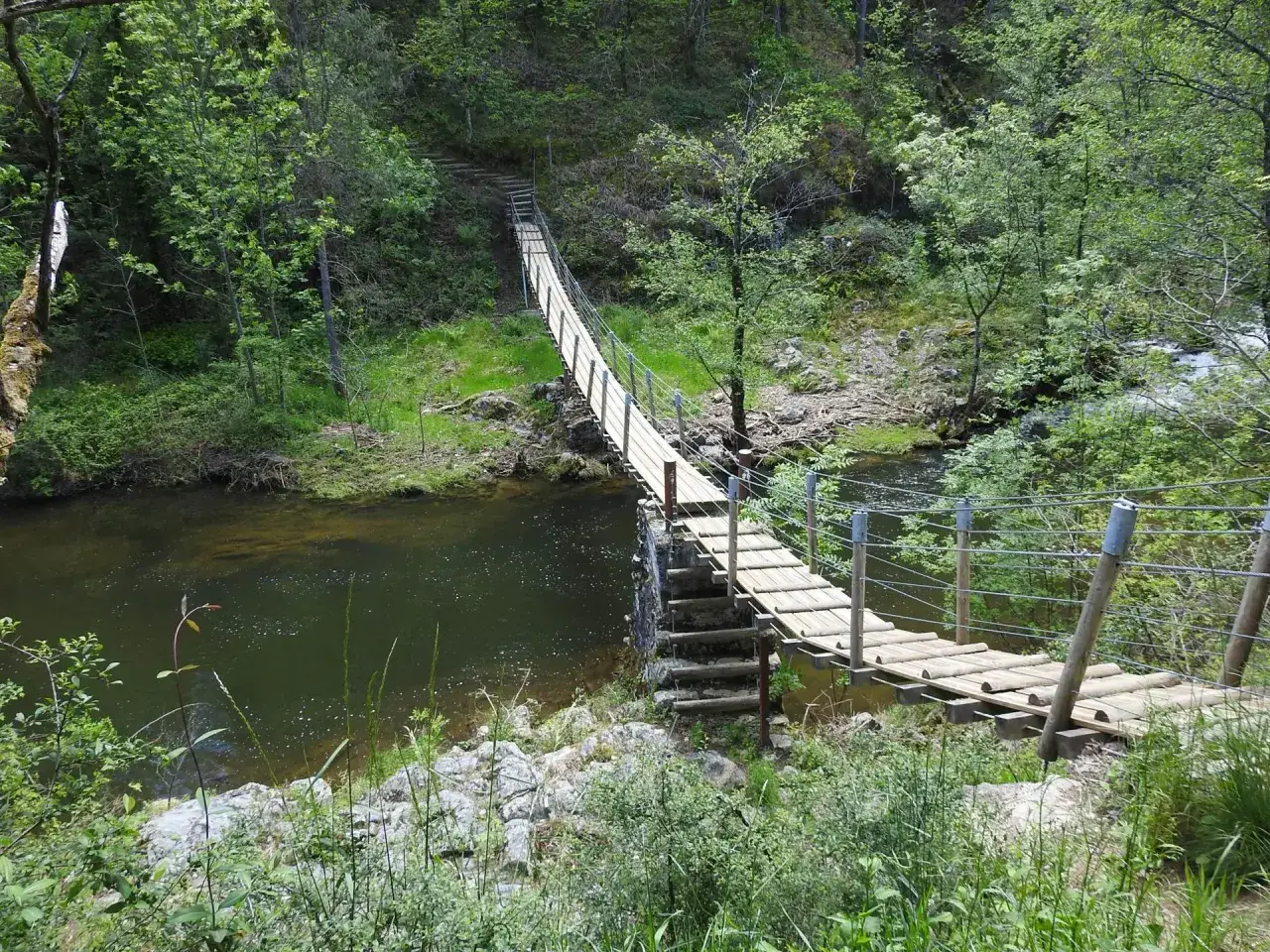 Pont suspendu en bois traversant une rivière dans les gorges de la daronne, entouré de verdure luxuriante.