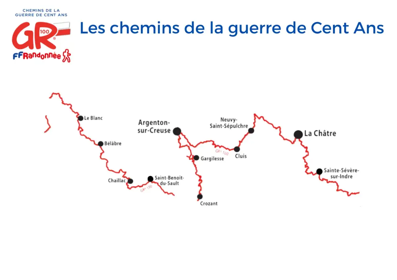 Carte du GR® 100, les chemins de la guerre de Cent Ans, reliant Le Blanc à Sainte-Sévère-sur-Indre.