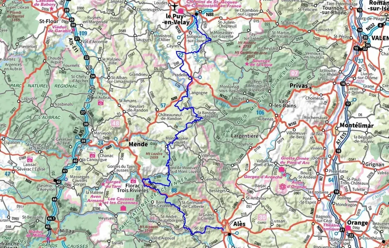 Carte des étapes du chemin de Stevenson, traversant les Cévennes et l'Aubrac, de St-Flour à Alès.