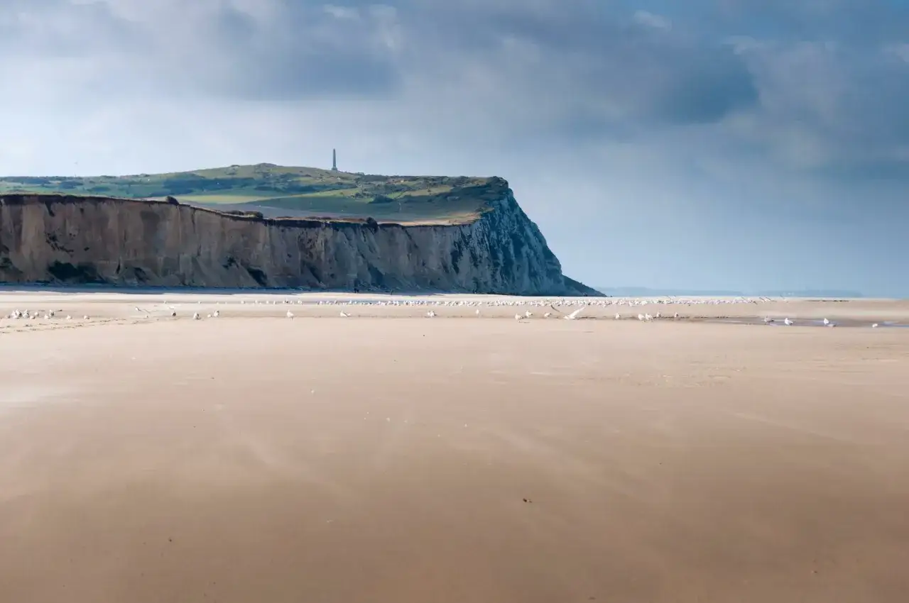 Plage de sable fin sur la Côte d'Opale, avec des falaises imposantes et un phare au loin. Des mouettes se reposent sur le rivage.