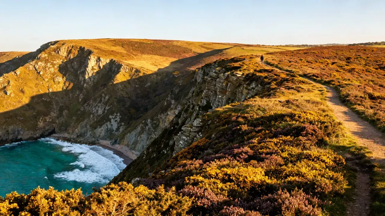 Sentier côtier au cap de la Chèvre, baigné par le soleil couchant. Une personne marche sur le chemin bordé de bruyère et de genêts, dominant une crique aux eaux turquoise.
