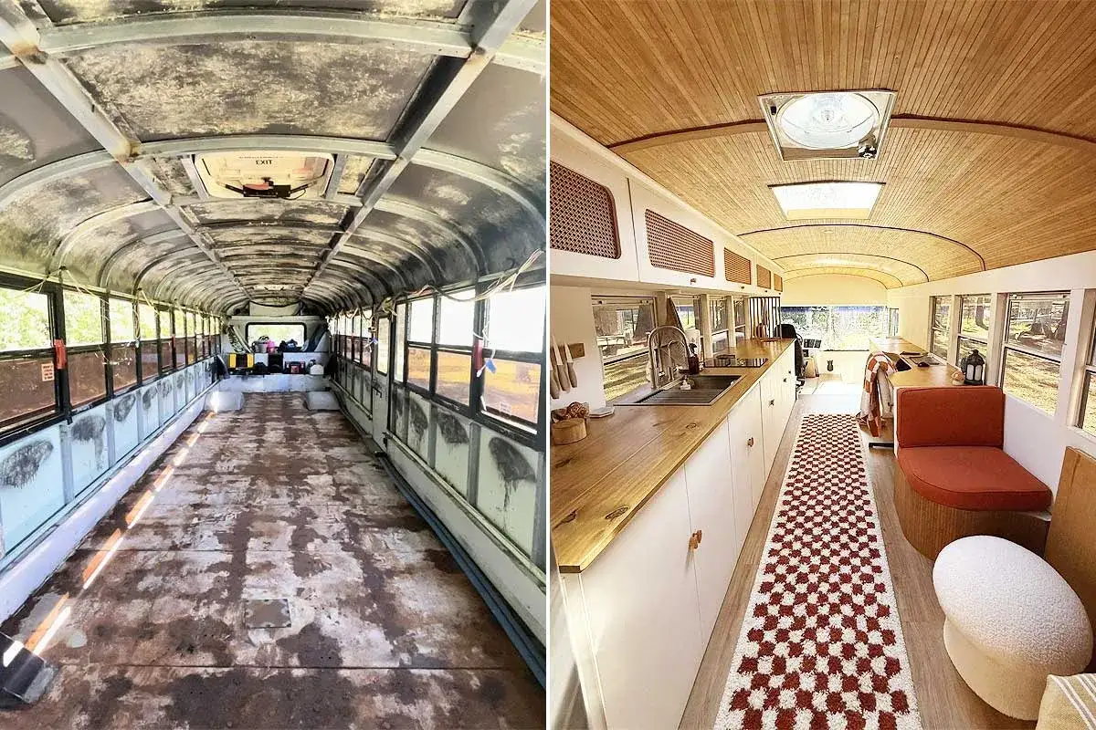 Avant/après : un bus vide transformé en un bus aménagé confortable avec cuisine, coin repas et banquette.