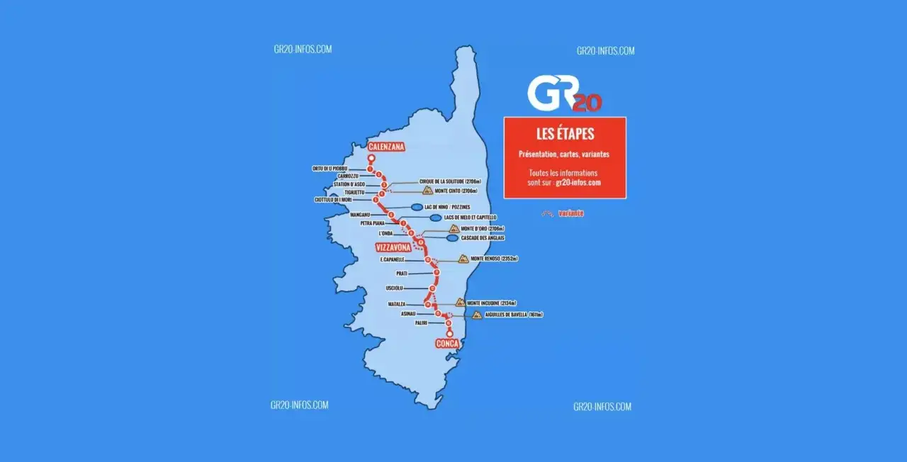 Carte du GR20 en Corse, montrant le parcours et les étapes, y compris le Cirque de la Solitude.