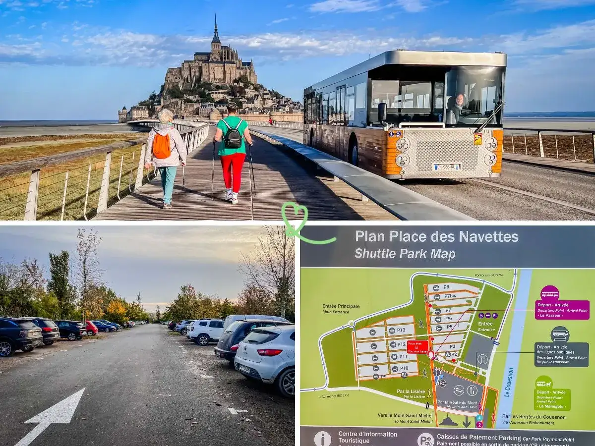 Vue du parking camping-car Mont Saint-Michel. Navettes et plan du site pour acc&eacute;der au Mont.