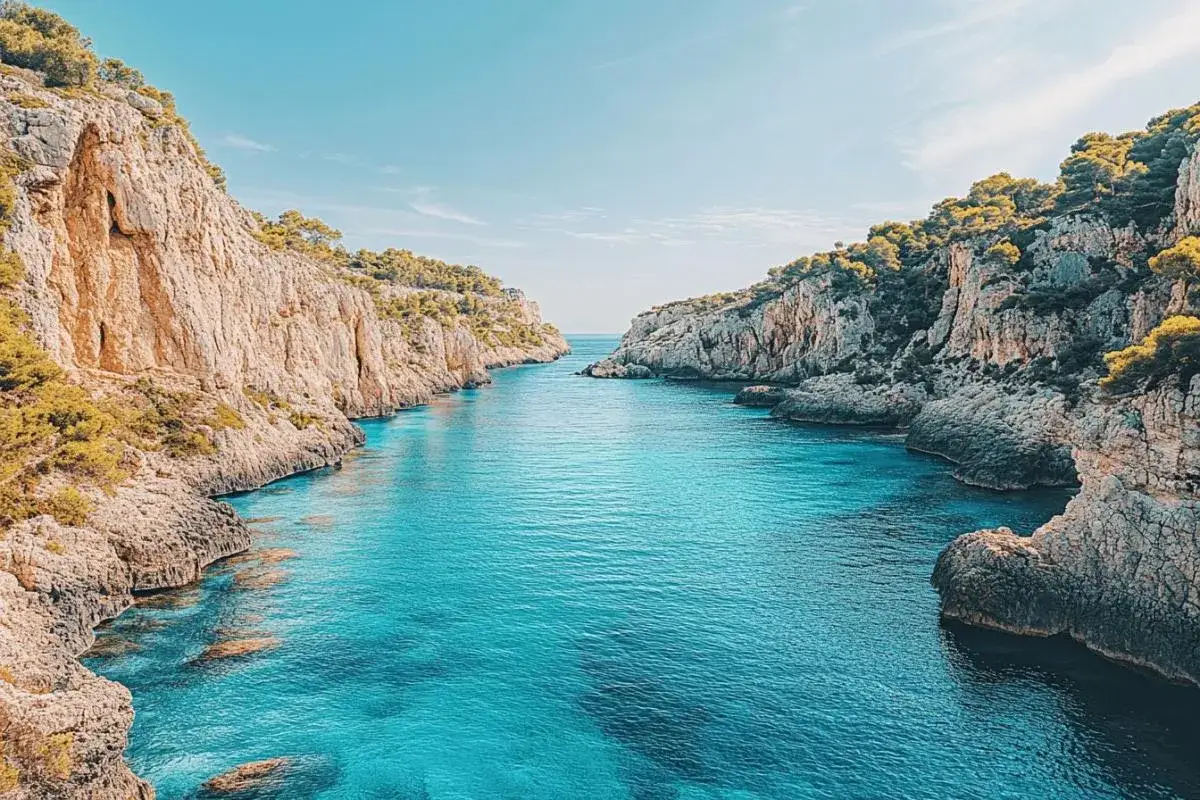 Eaux turquoise limpides bordant la côte vermeille, falaises rocheuses couvertes de pins, un paysage méditerranéen spectaculaire.