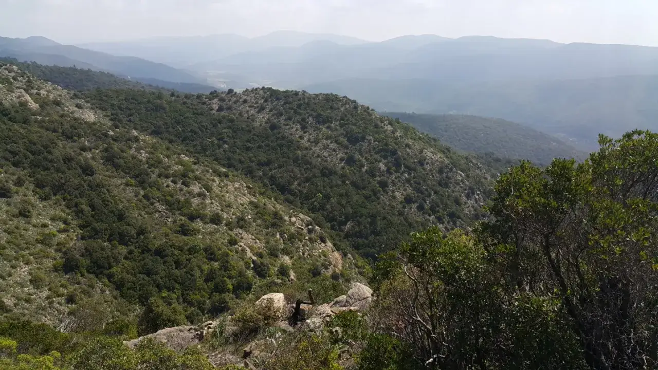 Vue panoramique d'une randonnée Chartreuse de la Verne. Des collines verdoyantes et rocheuses s'étendent à perte de vue, baignées d'une douce lumière.